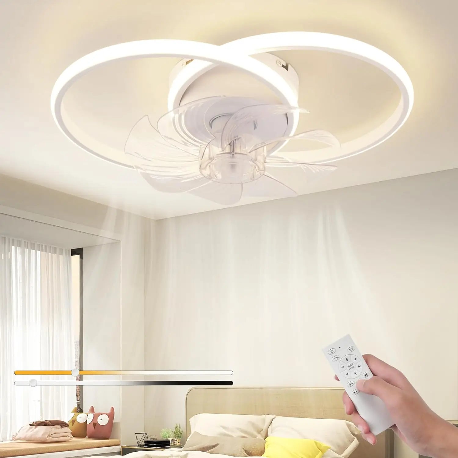Ventilatore da soffitto a LED con luce bianca 36W, silenzioso, telecomando, 3 temperature di colore, 6 velocità