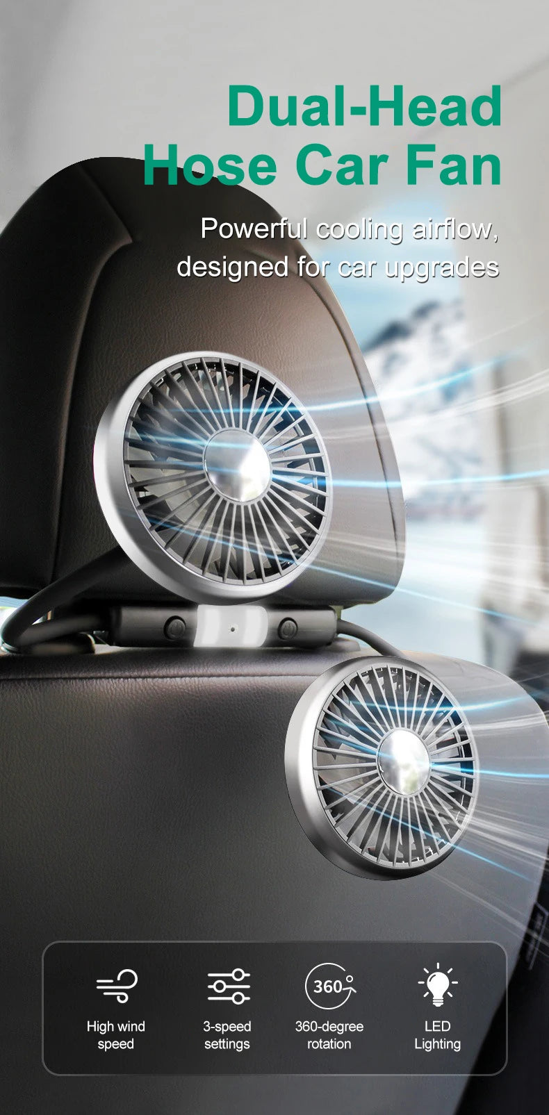 Ventilatore di raffreddamento per sedile auto EAFC a 3 velocità, ricarica USB, doppia testa, illuminazione LED, rotazione a 360 gradi, raffreddatore per il collo, per uso domestico e viaggi