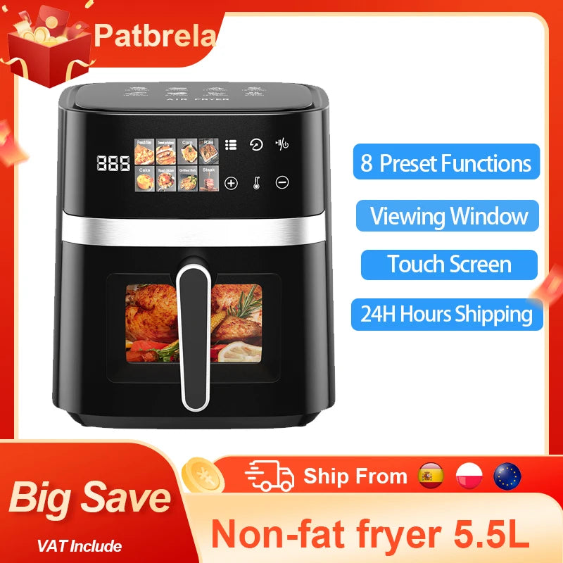 Patbrela Friggitrice ad Aria 5,5L 8-in-1 Forno Elettrico con Schermo LED Digitale e Finestra Visibile, 1350W, Nero