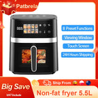 Patbrela Friggitrice ad Aria 5,5L 8-in-1 Forno Elettrico con Schermo LED Digitale e Finestra Visibile, 1350W, Nero