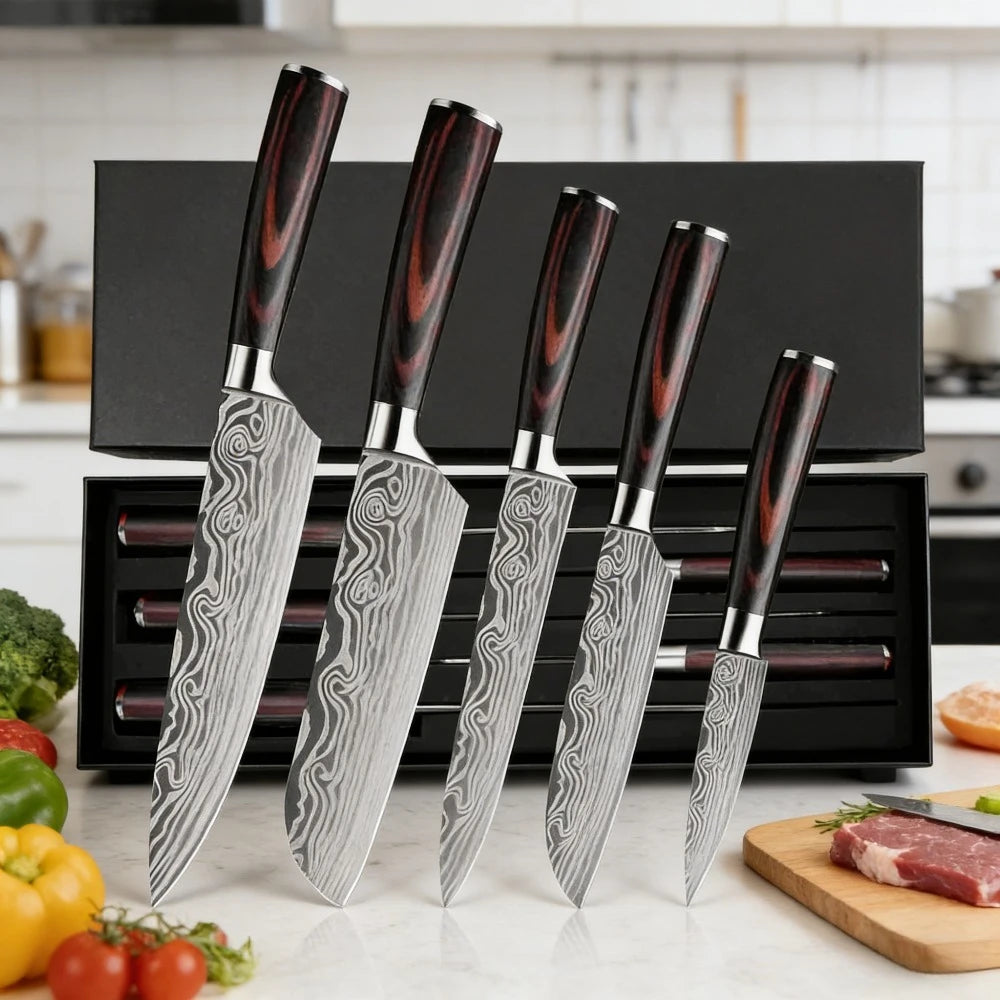 Professionelles 8-Zoll-Kochmesser aus 7CR17-Stahl mit Laser-Damastmuster, Pakka-Holzgriff, Küchenmesser mit Scheide und Geschenkbox