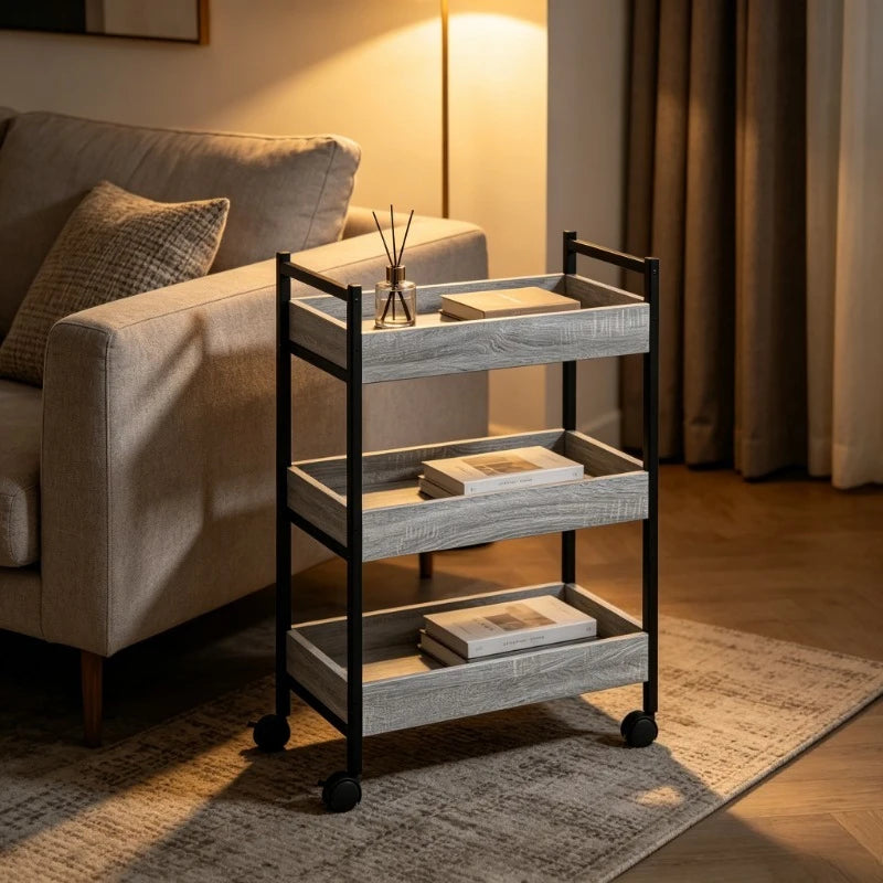 Carrello da Cucina a 3 Ripiani, Grigio Sonoma, 50x30x70 Cm, Materiale in Legno, Stile Nordico Minimalista, Struttura Solida e Stabile, Design con Scomparti, Salvaspazio, Facile Montaggio, Utilizzo in Cucina, Soggiorno, Camera