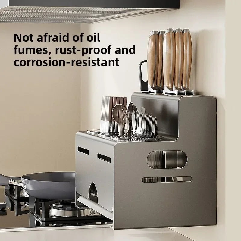 Porta Utensili da Cucina Multifunzionale con Porta Bacchette Integrato, Organizzatore da Parete Senza Foratura per Coltelli e Utensili