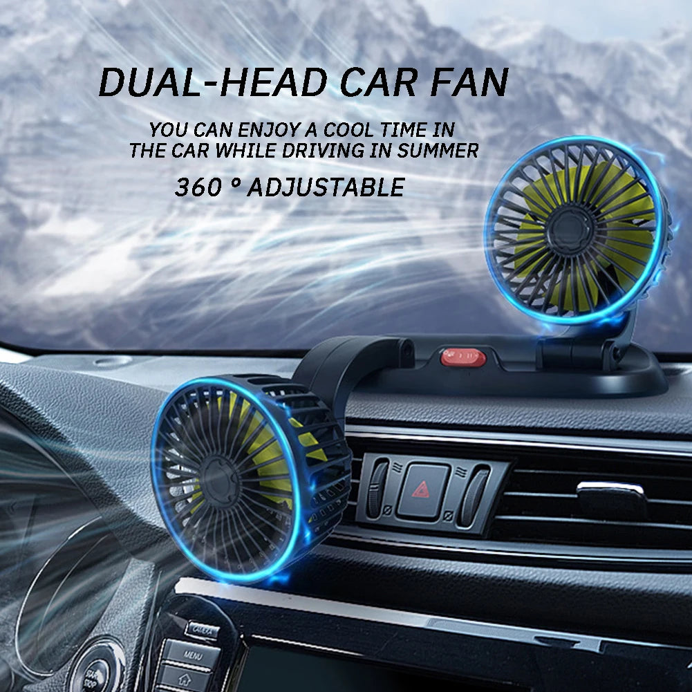 Ventilatore USB 5V, Ventilatore per Auto 12V a Doppia Testa, 2 Velocità Regolabili, Raffreddatore d'Aria Silenzioso per Interni Auto, Accessorio Essenziale per l'Estate