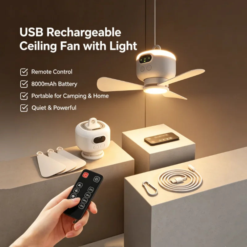 Ventilatore da soffitto USB da 8000 mAh, ventilatore da campeggio ricaricabile con luci a LED e telecomando, ventilatore portatile da tenda per viaggi all'aperto, silenzioso a 3 velocità (bianco), ventilatore da soffitto ric