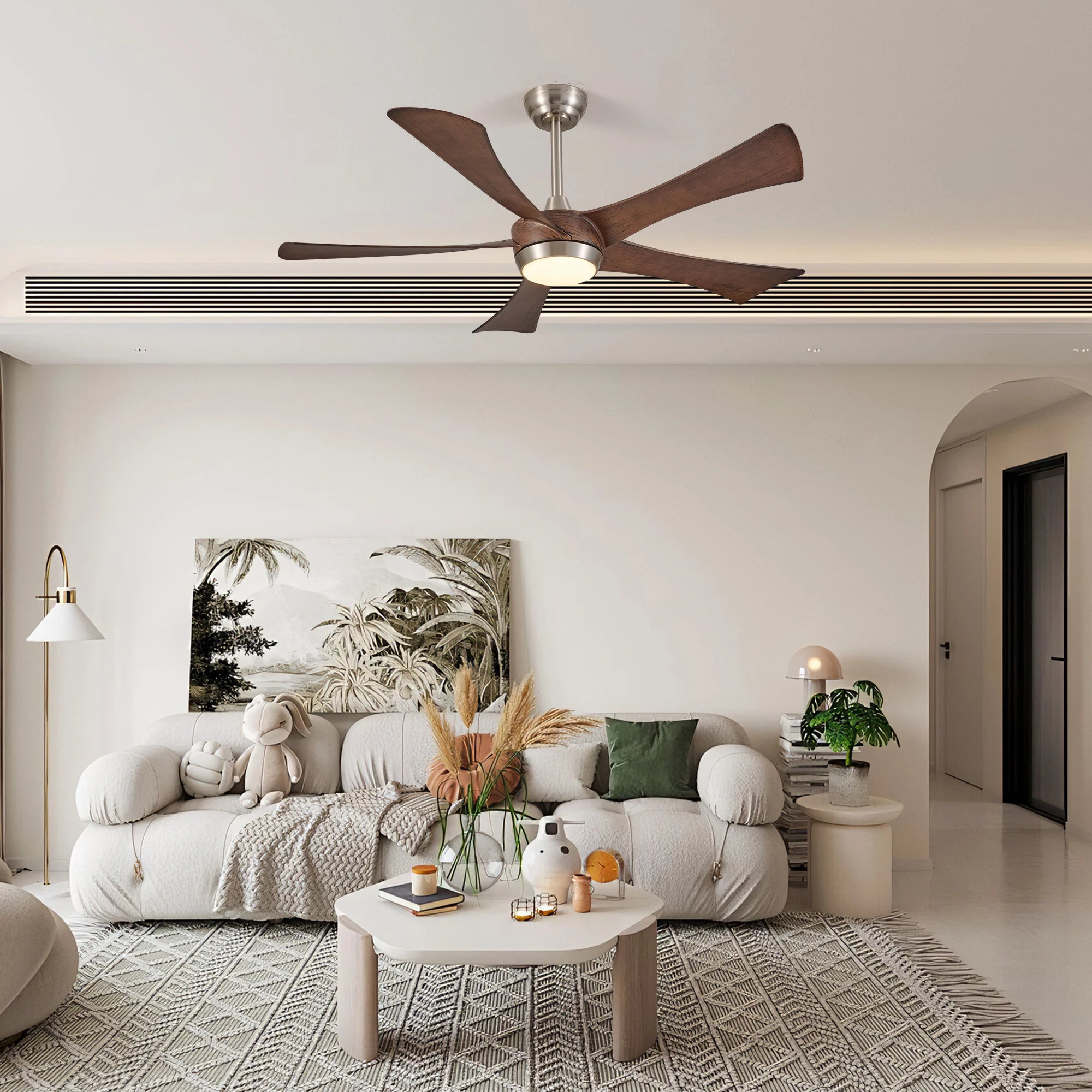 Ventilatore da soffitto da 132 cm con luce, reversibile, 6 velocità, LED da 30 W, telecomando, nero/marrone