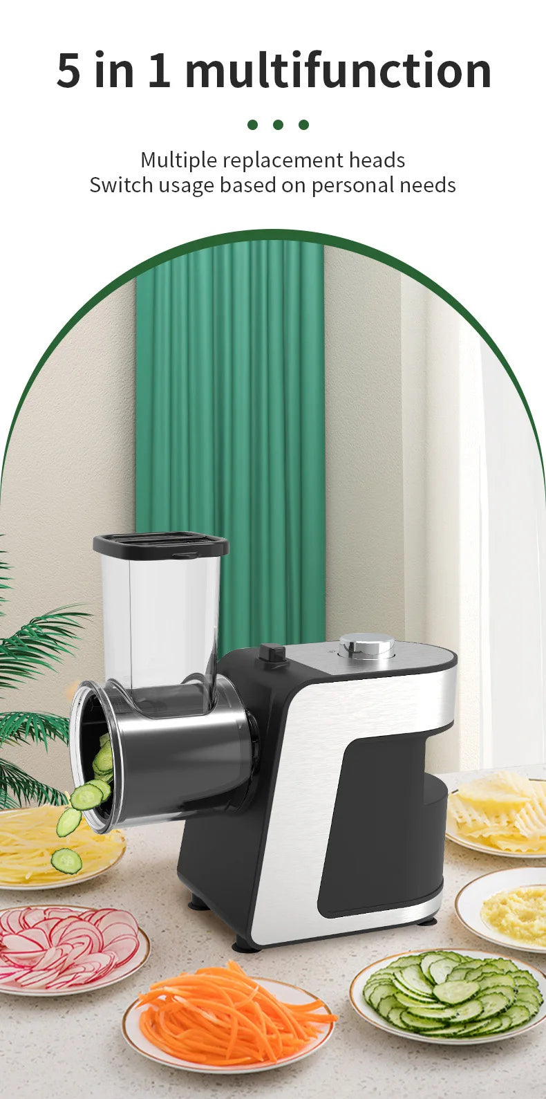 Elektrischer Gemüseschneider 500W, 5-in-1 Multifunktions-Küchenhäcksler mit Klinge für Karotten, Kartoffeln und Gurken