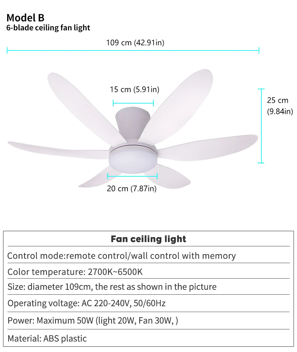 Ventilatore da Soffitto con Luce 42.91 Pollici, Motore DC Silenzioso a Risparmio Energetico, 3 Colori Variabili, 6 Velocità Regolabili, per Camera da Letto e Soggiorno