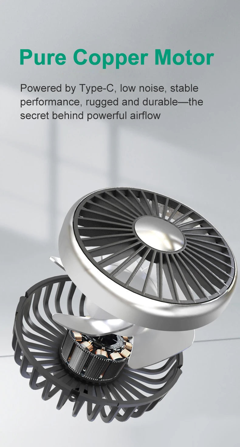 Ventilatore di raffreddamento per sedile auto EAFC a 3 velocità, ricarica USB, doppia testa, illuminazione LED, rotazione a 360 gradi, raffreddatore per il collo, per uso domestico e viaggi