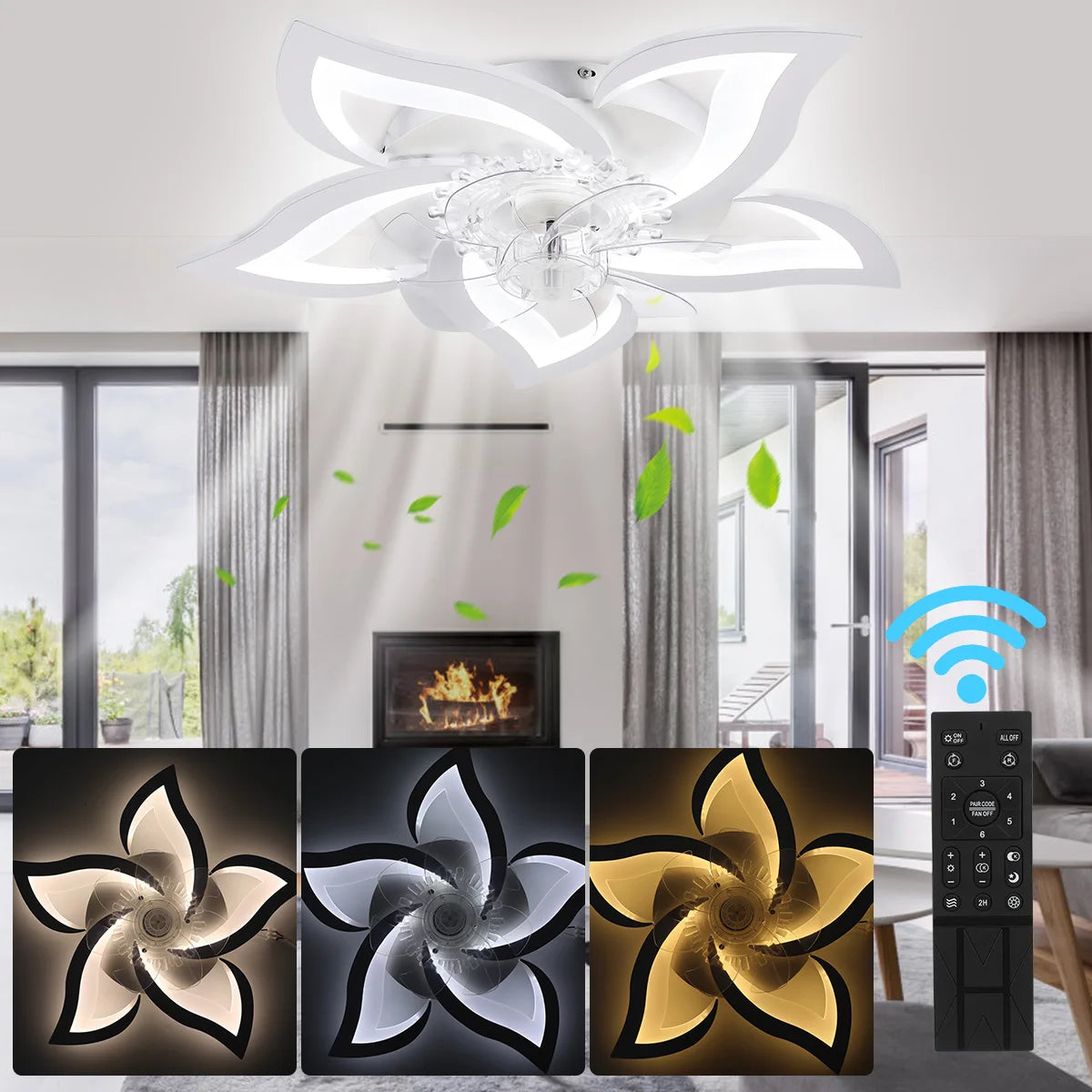 Ventilatore da soffitto da 60 W con illuminazione, design a 5 luci, ventilatore da soffitto silenzioso con illuminazione, dimmerabile, telecomando con velocità del vento regolabile