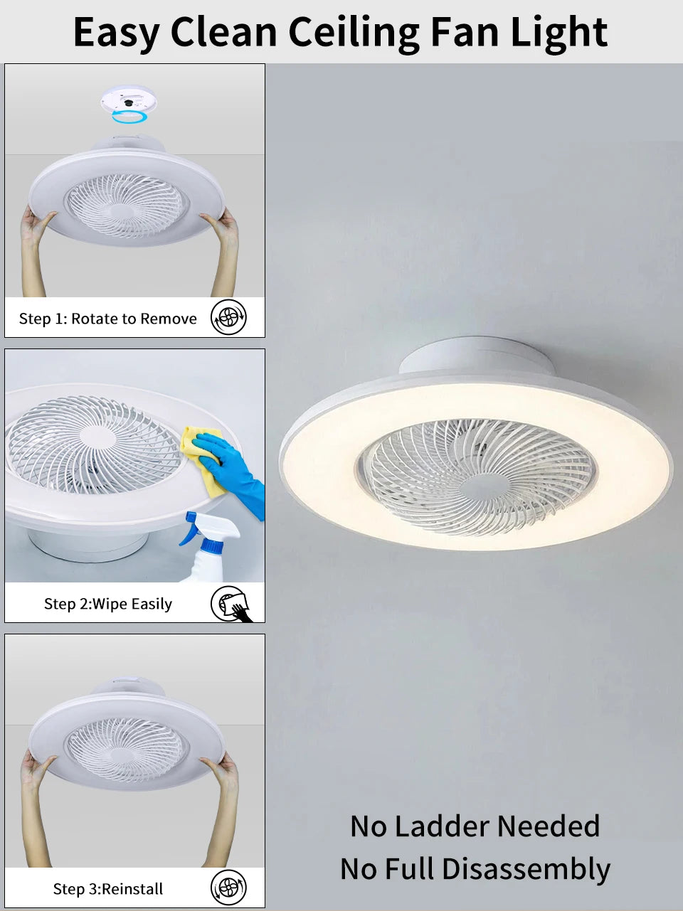 Ventilatore da soffitto da 100W con luce, controllo remoto tramite APP, lampada a LED dimmerabile a 360° °   Luce di sfondo RGB silenziosa girevole a 6 velocità per la casa