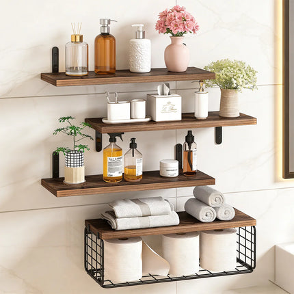 Bathroom Shelves Over Toilet with Storage Basket, Wall Mounted Floating Shelf for Home Organization and Decoration, Bathroom/Kitchen