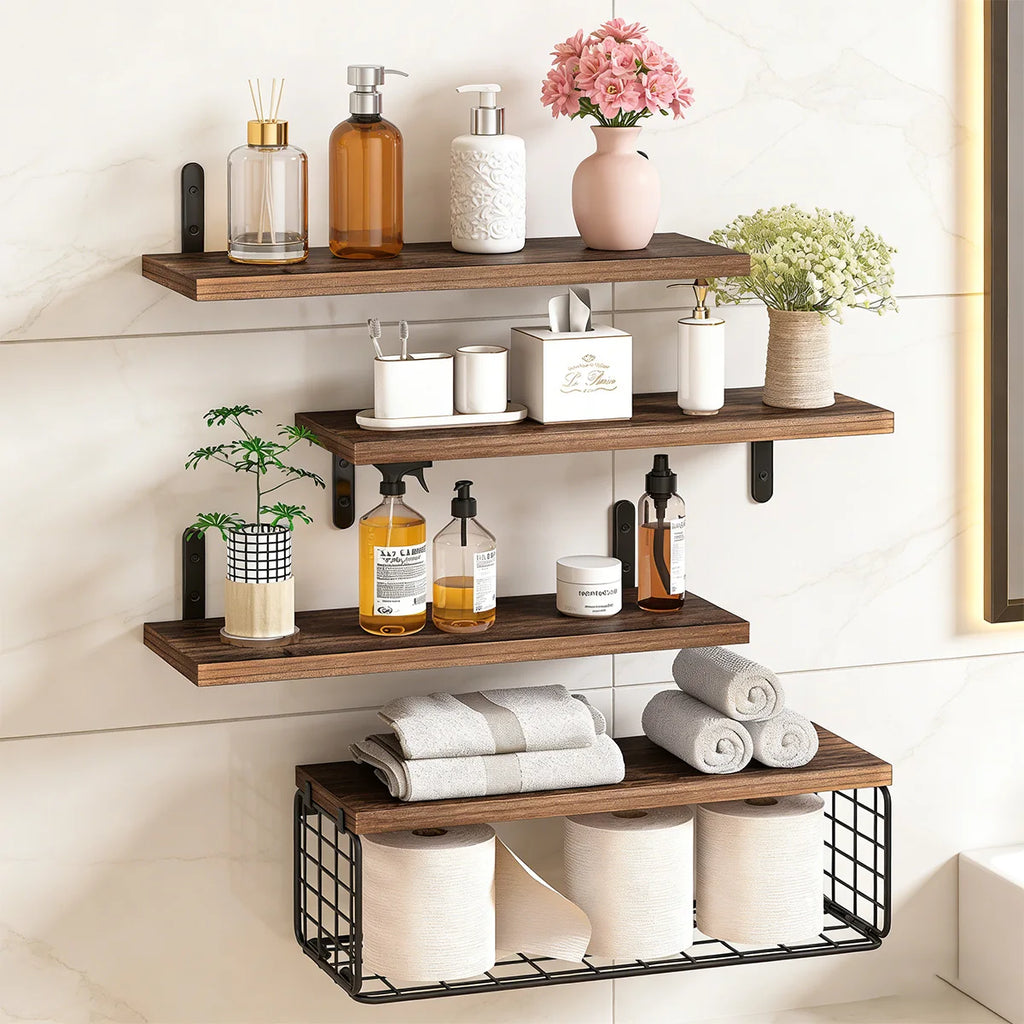 Mensole da Bagno Sopra il WC con Cesto Portaoggetti, Mensola Galleggiante a Muro per Organizzazione Domestica e Decorazione, Bagno/Cucina