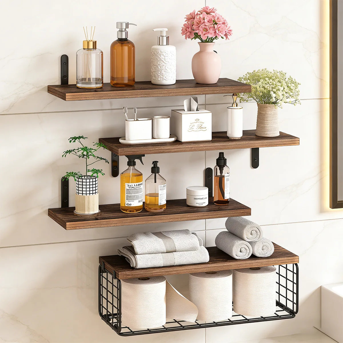 Mensole da Bagno Sopra il WC con Cesto Portaoggetti, Mensola Galleggiante a Muro per Organizzazione Domestica e Decorazione, Bagno/Cucina