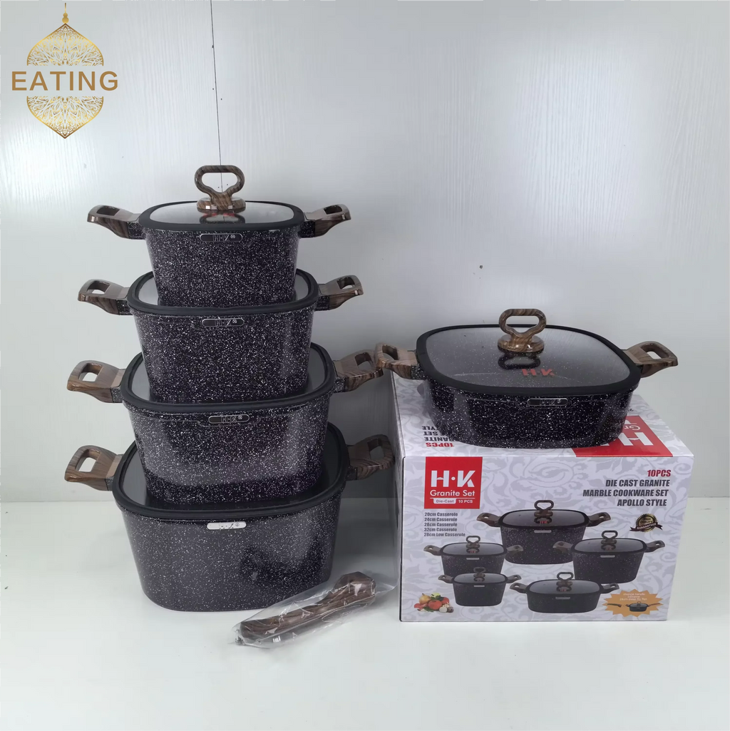 Set di pentole antiaderenti Set di pentole e padelle in granito da 10 pezzi Set di padelle per friggere senza PFOA a induzione Pentole Set da cucina antiaderente pressofuso