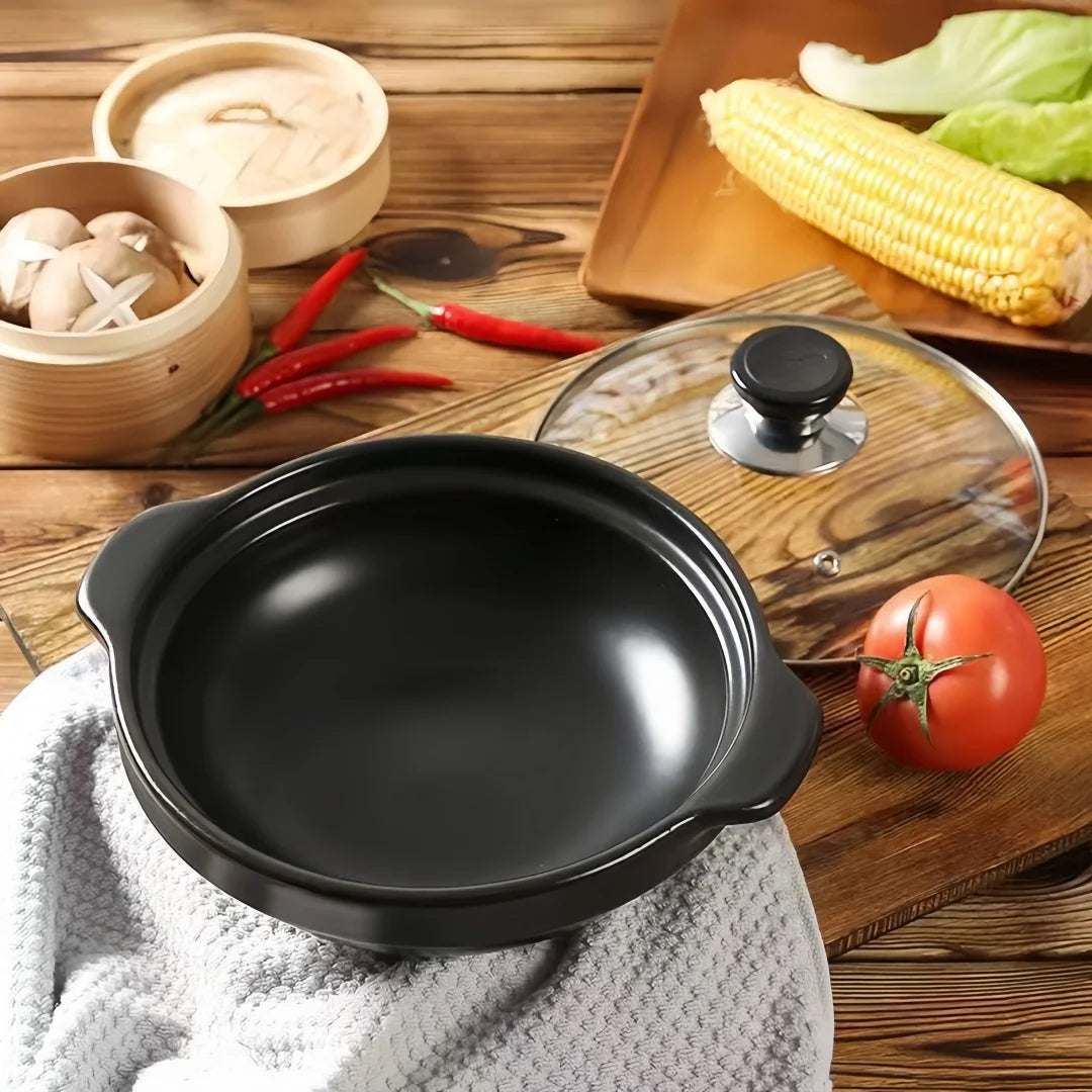 1 pentola in argilla ceramica con coperchio - Pentola in argilla di grado ristorante tradizionale asiatico per cucinare il delizioso riso, ciotola in pietra poco profonda