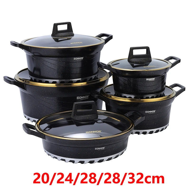 DONNOR 10PCS Set di Pentole a Induzione Lavabile in Lavastoviglie Pentole Antiaderenti con Coperchi in Vetro per Zuppa di Pasta Stufato JT528