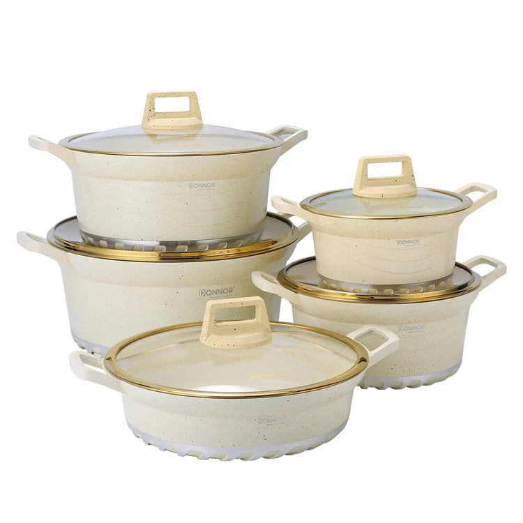 DONNOR 10PCS Set di Pentole a Induzione Lavabile in Lavastoviglie Pentole Antiaderenti con Coperchi in Vetro per Zuppa di Pasta Stufato JT528
