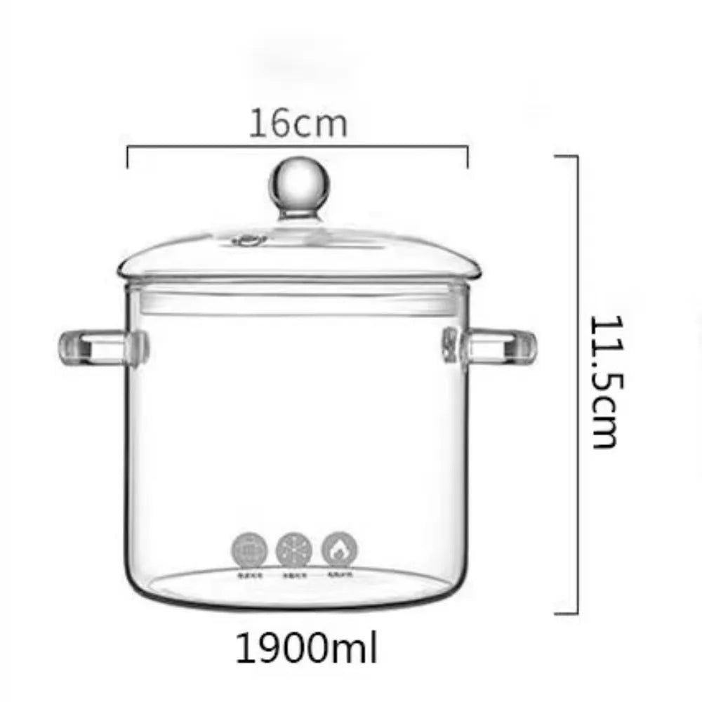 1350/1900 ml Hohe Borosilikatglas-Schüssel mit Griff Hitzebeständiger Glastopf mit Deckel Transparenter Kochtopf