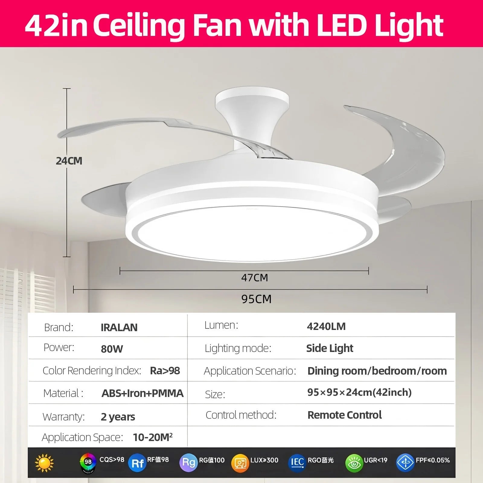 Ventilatore da Soffitto Moderno con Luce LED e Telecomando, 3 Colori Cambiabili, Pale Invisibili, Silenzioso, Decorazione Camera da Letto, Consegna Rapida da Magazzino Locale in Polonia