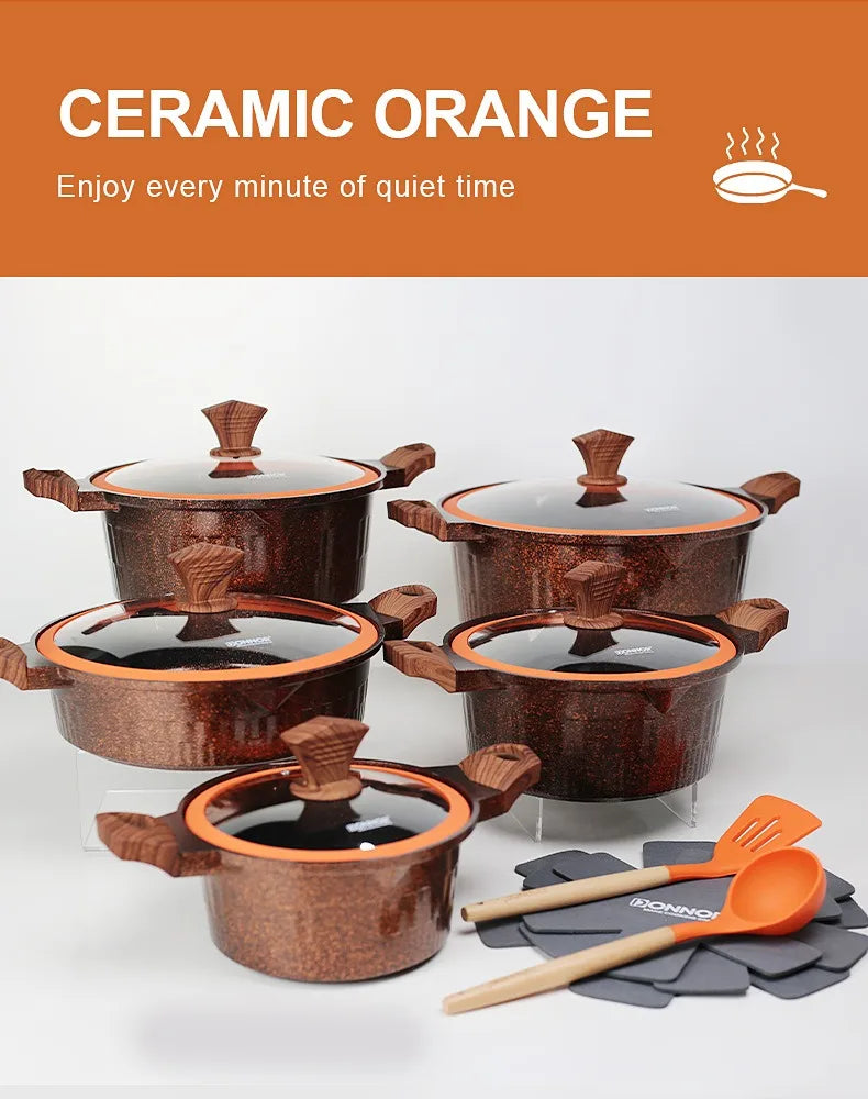DONNOR Set di Pentole 6/15 Pezzi Pentola per Zuppa Antiaderente Pentola per Stufato con Coperchio in Vetro Pentole per Cappotto Sano in Granito per Stufe da Cucina Universali