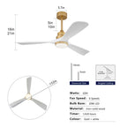 Ventilatore da soffitto da 52 pollici con luce, telecomando, funzione dimmer, pale in legno massello, funzione di accumulo di energia in caso di interruzione di corrente, motore DC silenzioso, moderno ventilatore da soffitto
