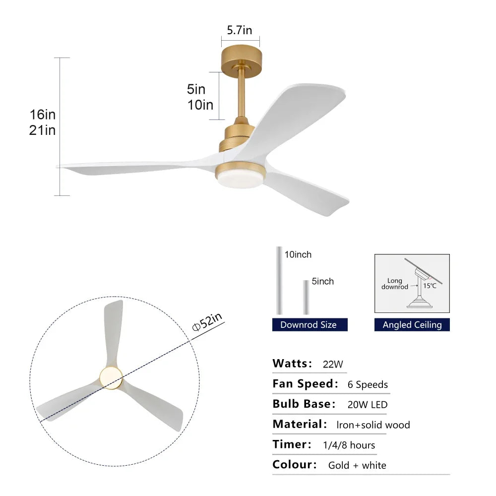 Ventilatore da soffitto da 52 pollici con luce, telecomando, funzione dimmer, pale in legno massello, funzione di accumulo di energia in caso di interruzione di corrente, motore DC silenzioso, moderno ventilatore da soffitto
