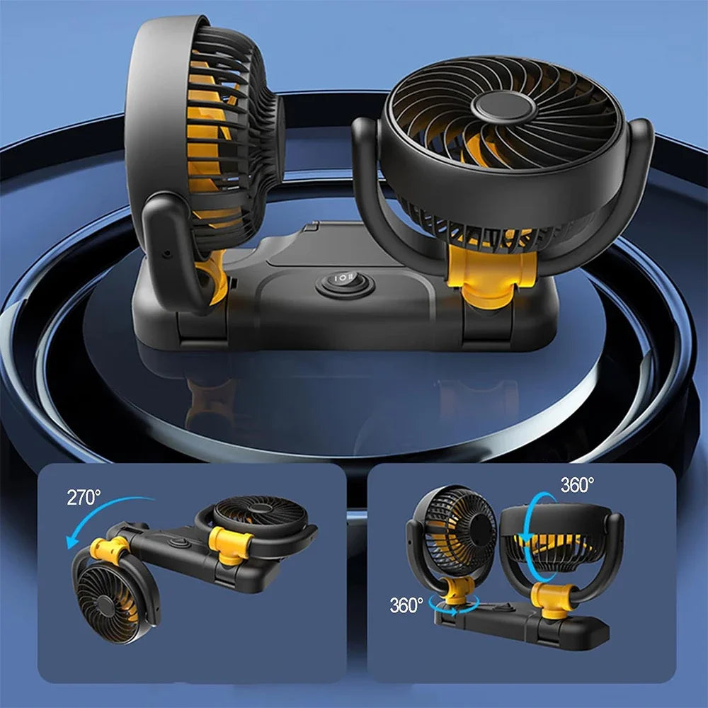 Ventilatore per Auto 12V a Doppia Testa con Rotazione a 360 Gradi, Portatile, 2 Velocità, Vento Forte, Alimentazione da Presa Accendisigari per Camion, SUV, Camper