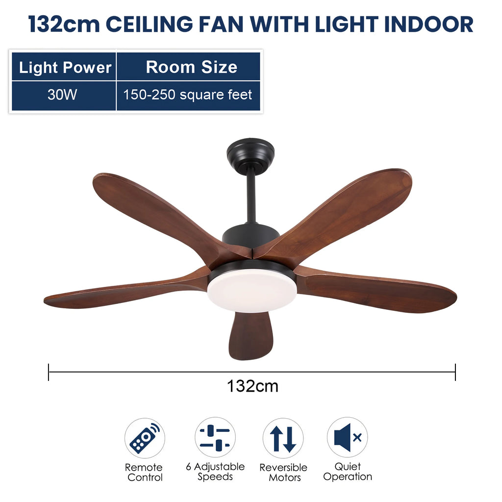 Ventilatore da soffitto da 132 cm con luce, reversibile, 6 velocità, LED da 30 W, telecomando, nero/marrone