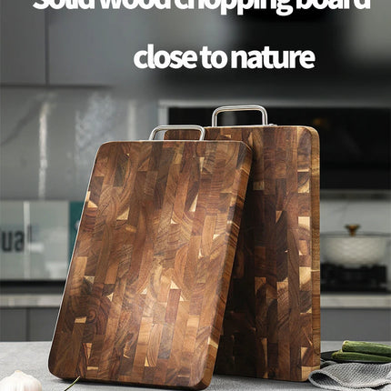 Large Acacia Wood Cutting Board, Checkerboard Cross-Grain Butcher Block, Thick and Reversible with Metal Handle