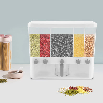 5-Compartment Rice Dispenser, Dry Food Storage Container, 33 LBS Capacity, Pantry Organizer with Measuring Cup for Cereal and Legumes