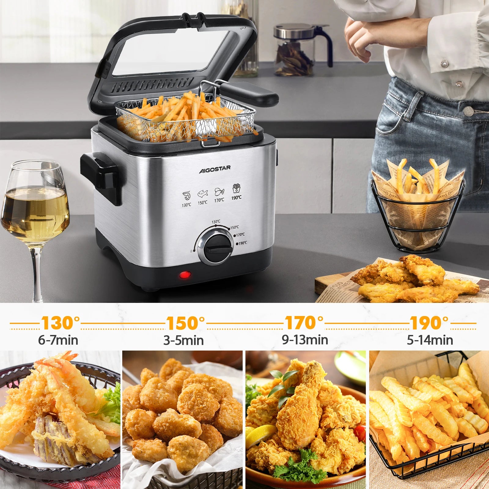 Aigostar Fries 30IZD 1.5L Friggitrice Compatta in Acciaio Inossidabile 1000W con Finestra di Visualizzazione e Controllo Temperatura