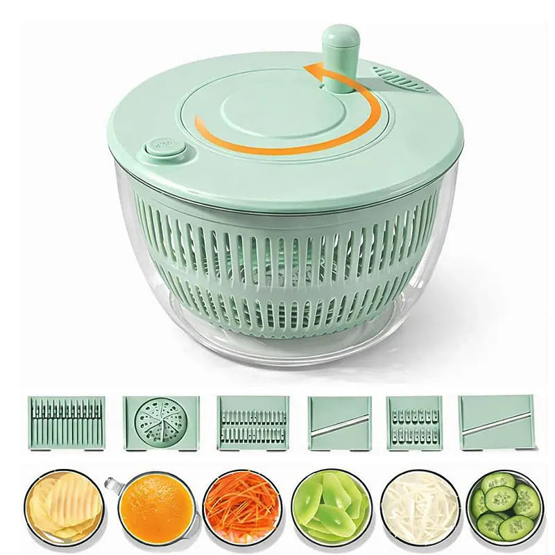 7-teiliges multifunktionales Salatschleuder-Set, Gemüsewascher, Gemüsehacker, Gemüseschneider, Reibe, Salatschüssel mit Deckel, Küchenhelfer