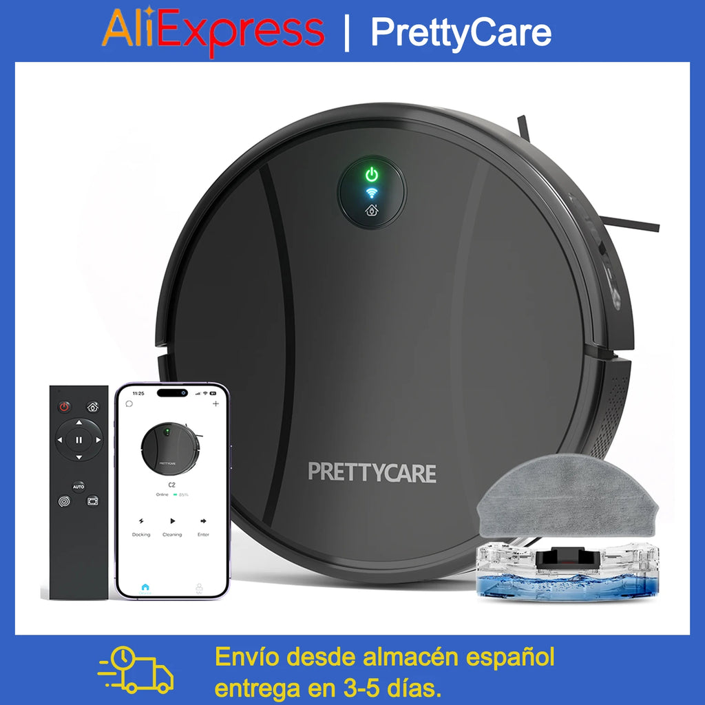 PrettyCare C2 Roboter-Staubsauger und Wischmopp, 4000 Pa Saugkraft, Roboterstaubsauger mit automatischer Teppichverstärkung, Alexa/WLAN/App