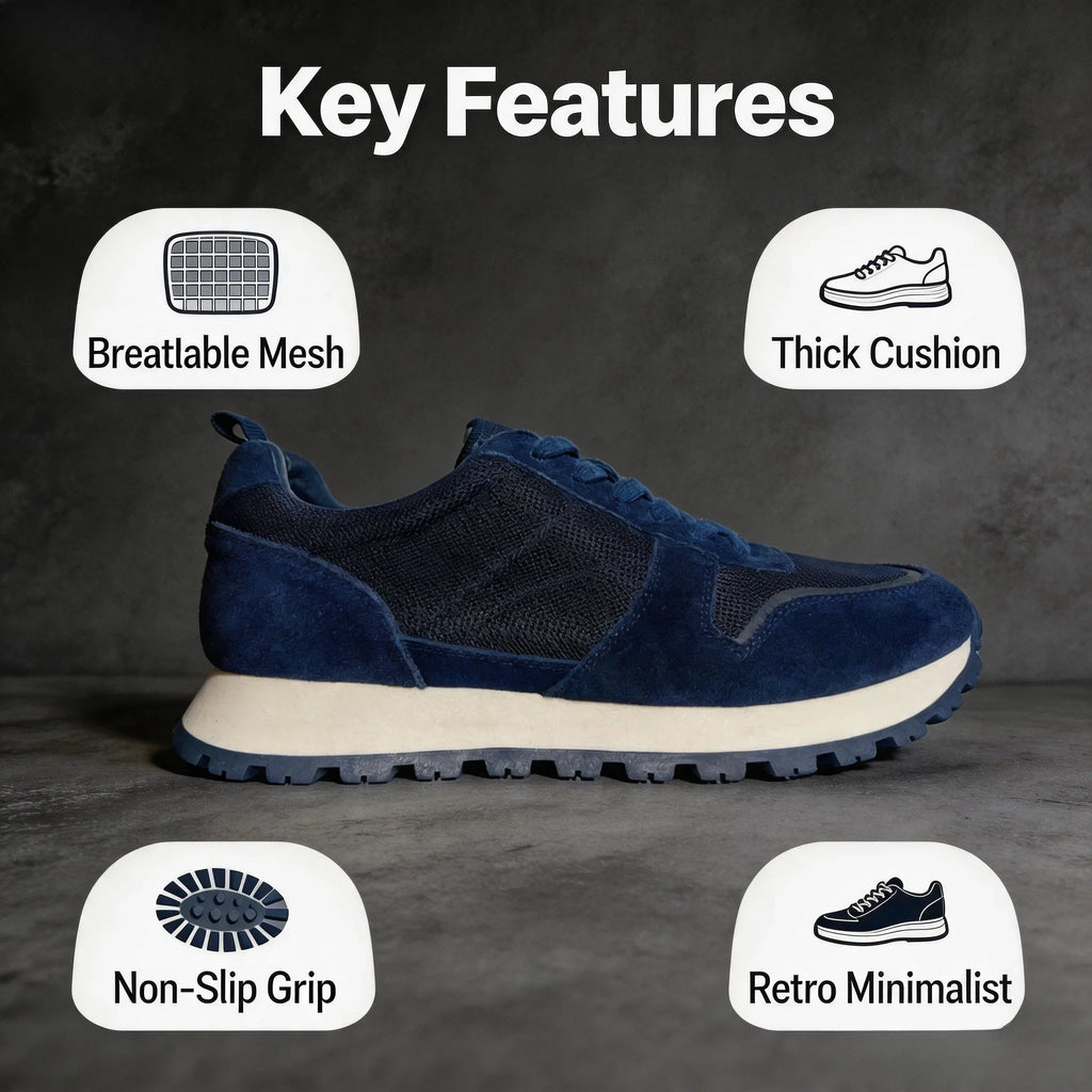 Herren-Freizeitschuhe aus Wildleder und Mesh, Navy-Blau, atmungsaktive Sneaker mit Schnürsenkeln, bequeme Schuhe mit dicker Sohle für den täglichen Gebrauch