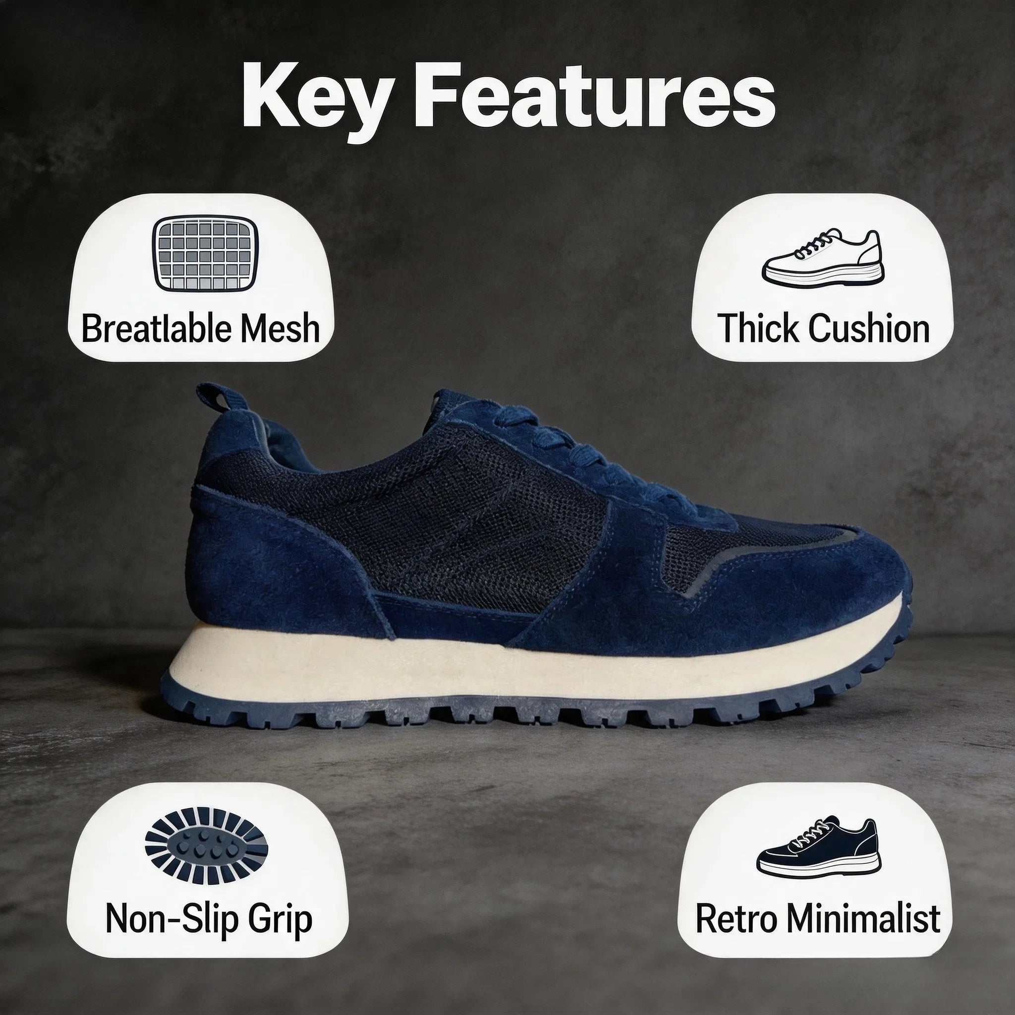Herren-Freizeitschuhe aus Wildleder und Mesh, Navy-Blau, atmungsaktive Sneaker mit Schnürsenkeln, bequeme Schuhe mit dicker Sohle für den täglichen Gebrauch