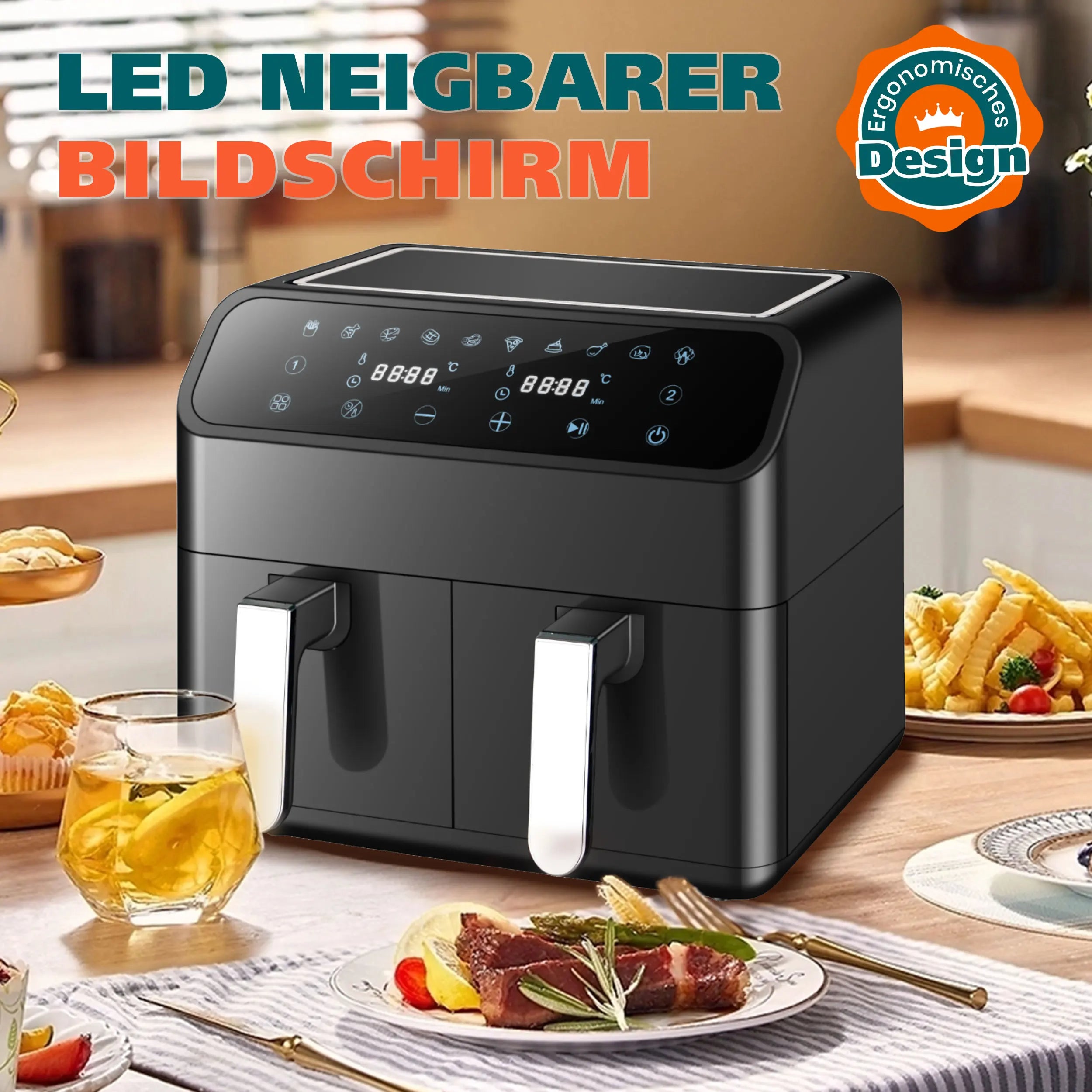 Sinaopus Friggitrice ad aria calda 2000W 9L XXL con doppio scomparto, timer, touchscreen LED, forno elettrico senza olio, formato famiglia