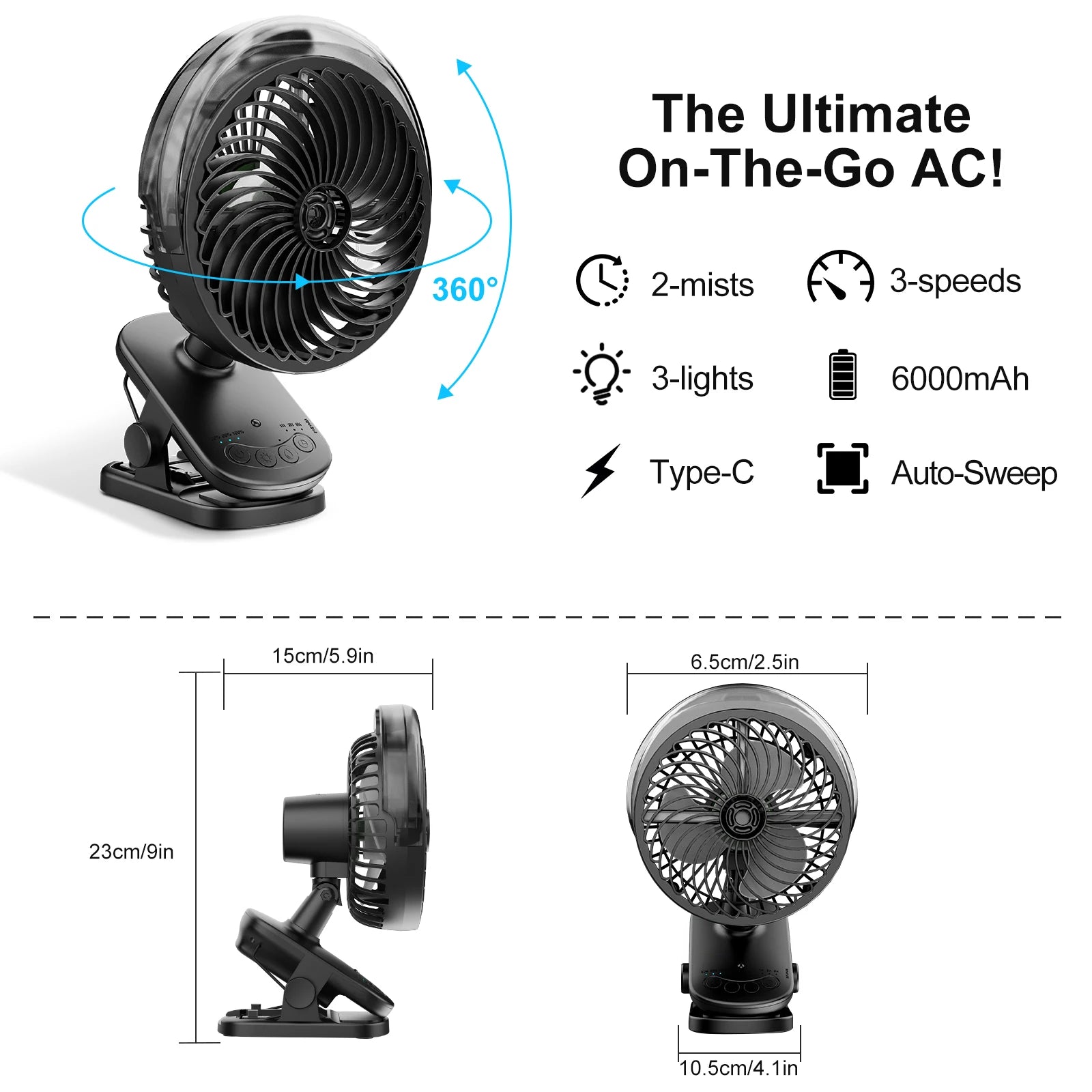 Ventilatore Portatile con Clip e Nebulizzatore, Ricaricabile, 3 Velocità, Display Digitale, Umidificatore, Ventilatore Spray Regolabile con Telecomando e Timer