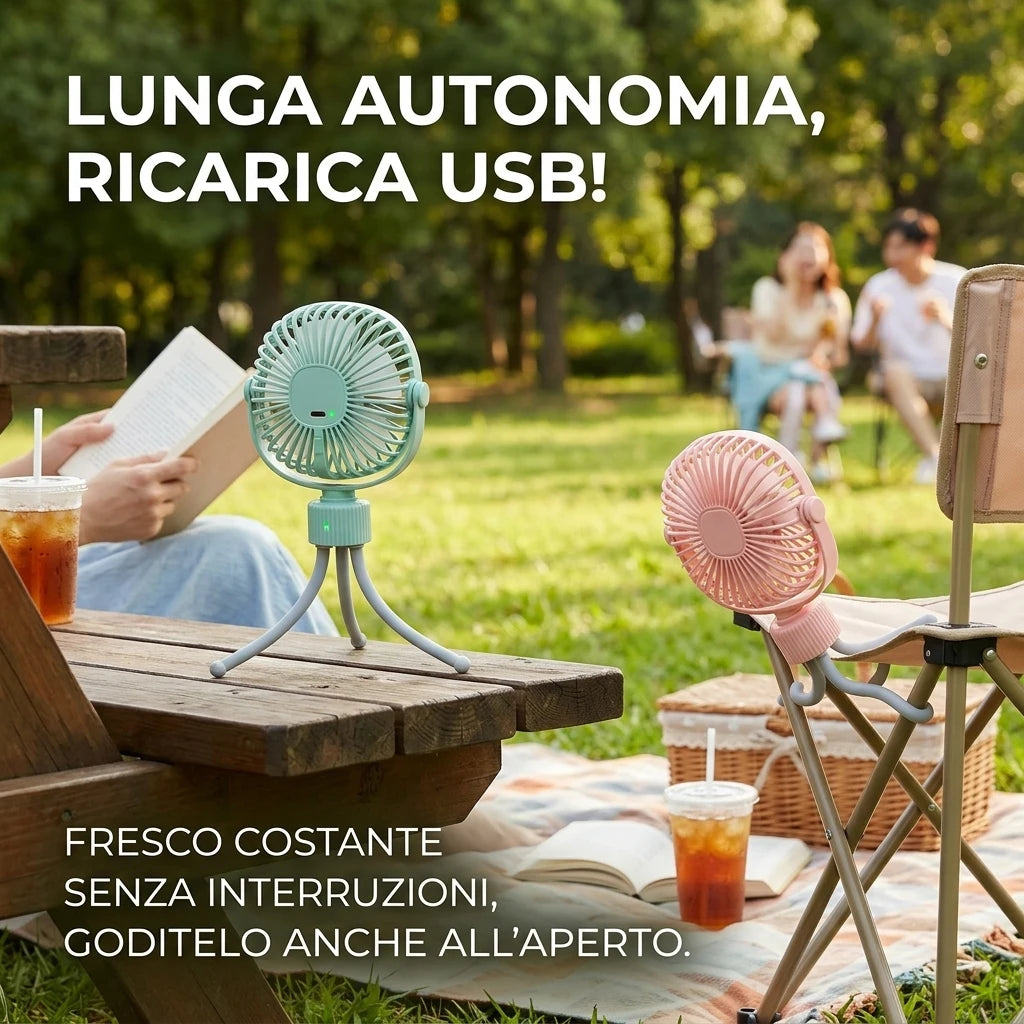 Ventilatore ricaricabile USB con treppiede flessibile, silenzioso e ad alta potenza, portatile per scrivania, passeggini e campeggio