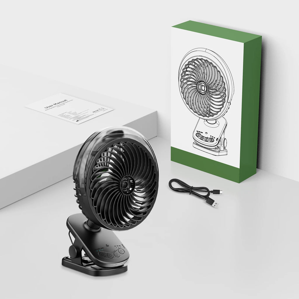 Ventilatore Portatile con Clip e Nebulizzatore, Ricaricabile, 3 Velocità, Display Digitale, Umidificatore, Ventilatore Spray Regolabile con Telecomando e Timer