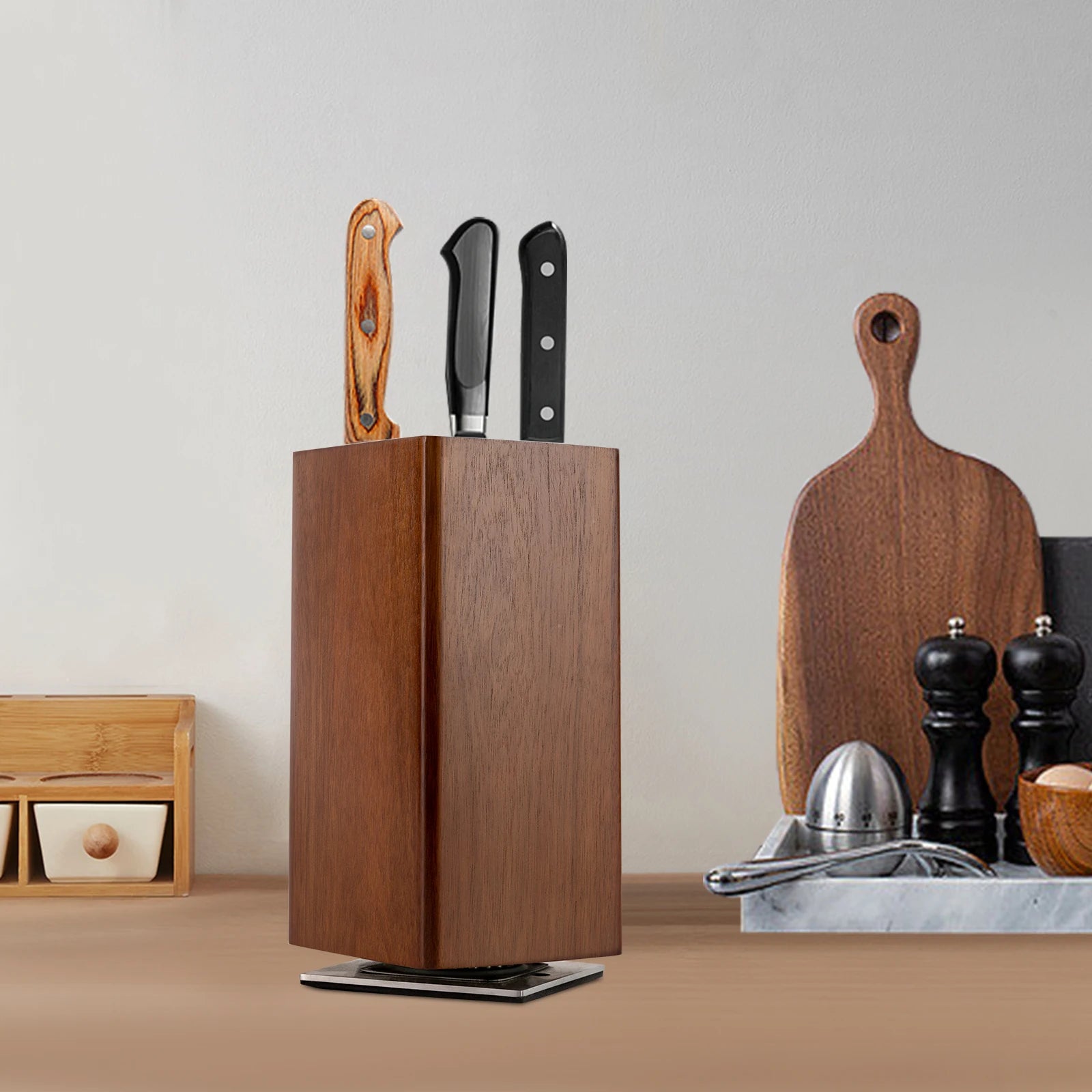 Magnetischer Messerblock, universeller Messerhalter aus Holz, 360° drehbarer Multifunktions-Messerständer für Küchenarbeitsplatte, Restaurant, Hotel