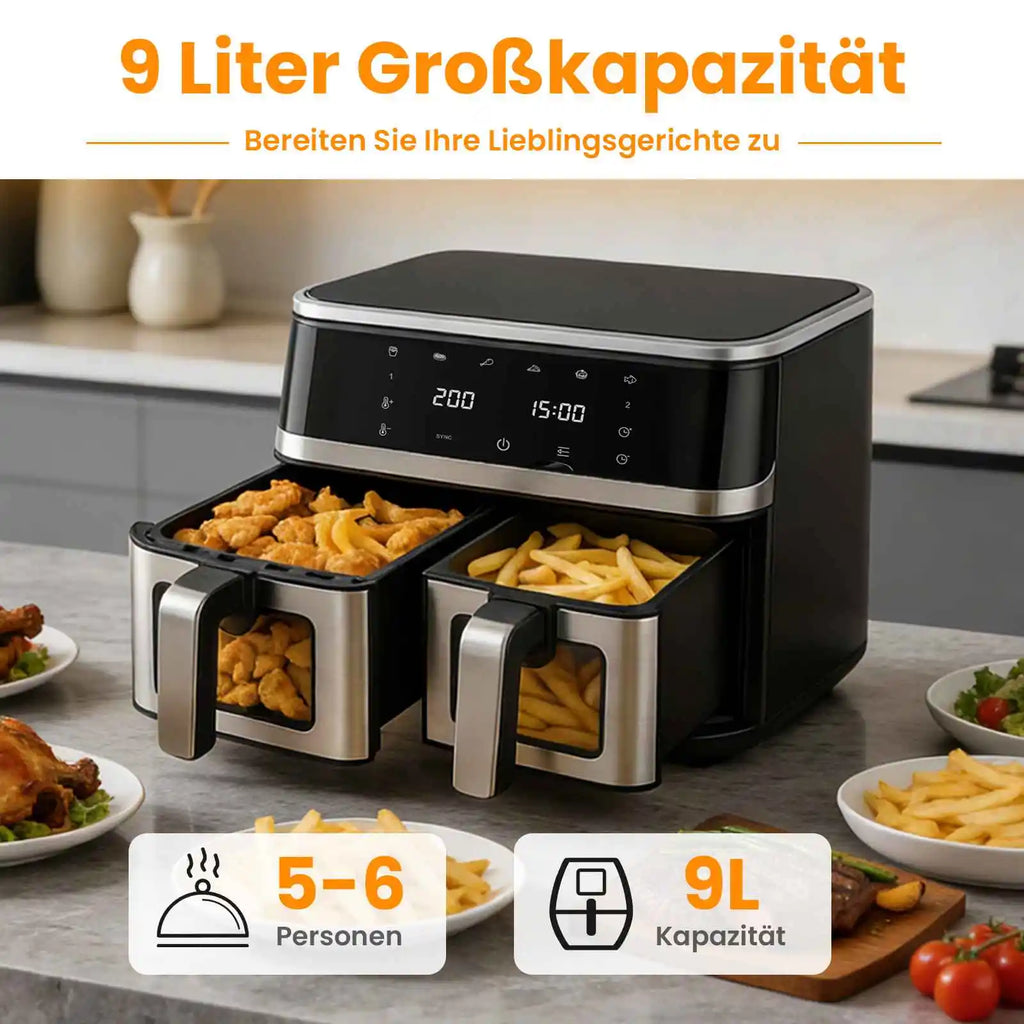 1400 W ölfreie Heißluftfritteuse, 8 l Heißluftfritteuse mit Sichtfenster, digitalem Touchdisplay, 8 Programmen und XXL-Fassungsvermögen