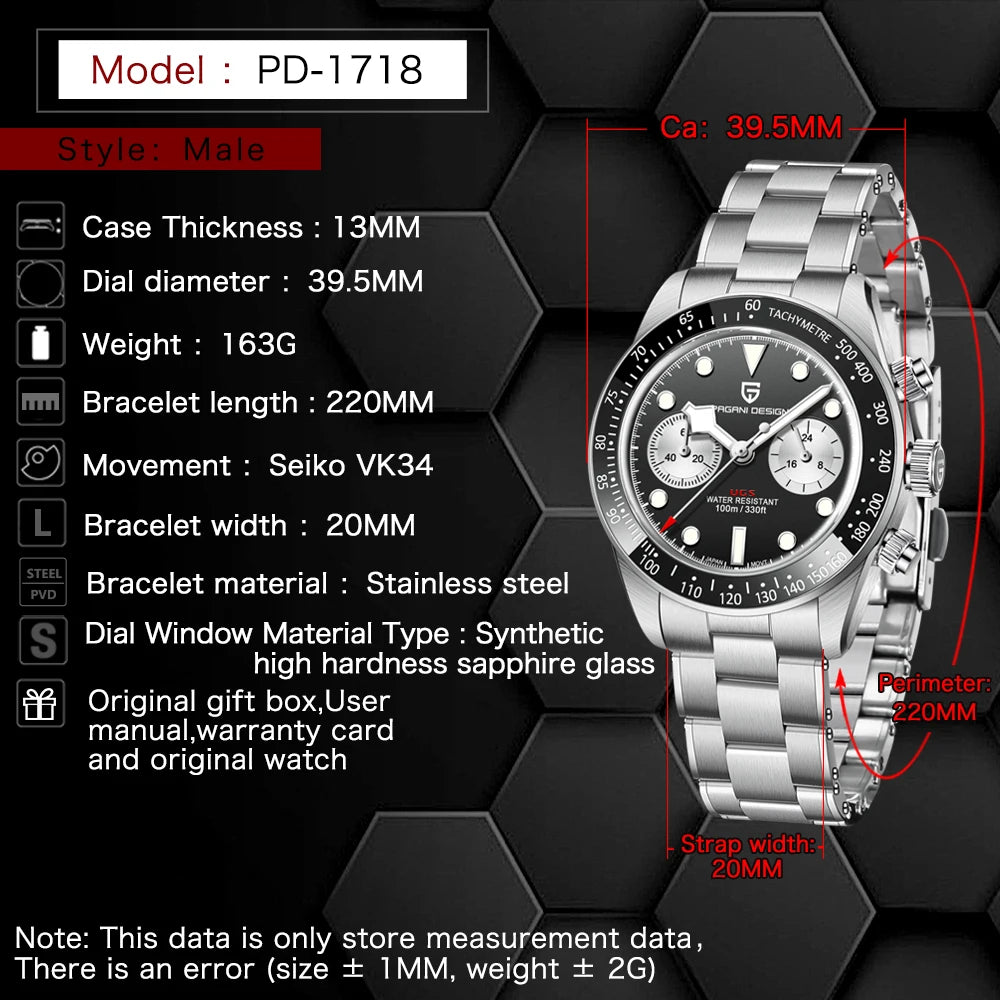 Orologio da polso PAGANI DESIGN PD1718 al quarzo cronografo vetro zaffiro acciaio inossidabile impermeabile 10 bar