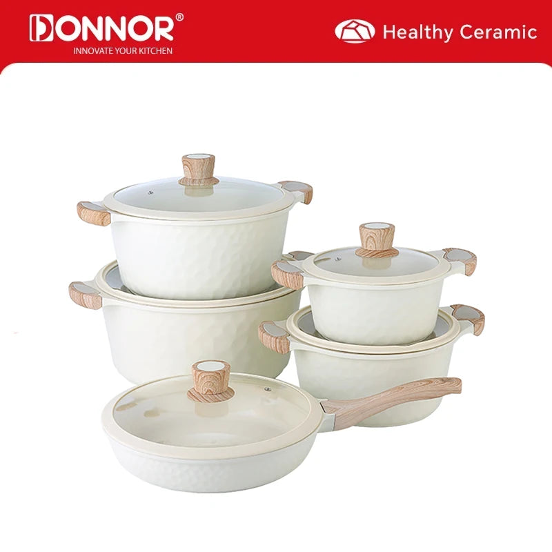 DONNOR Pentole e Padelle Set 10 Pezzi Set di Pentole Antiaderenti Set di Pentole da Cucina a Induzione Non Tossico con Padelle Stock Pot JT526