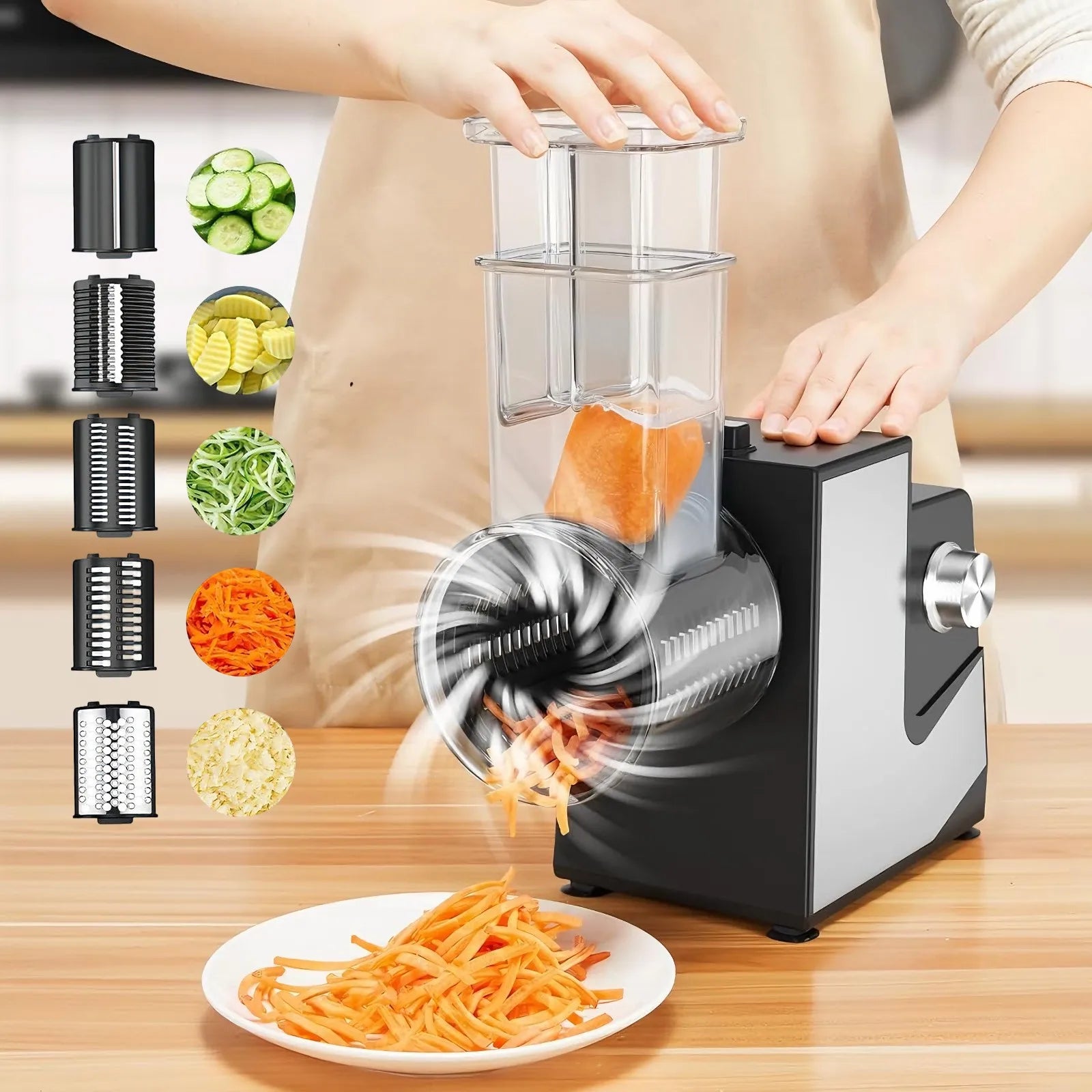 Affettatrice Tritatutto Elettrica 5-in-1 Automatica per Verdure, Grattugia per Formaggio, Carote e Cavoli, Robot da Cucina