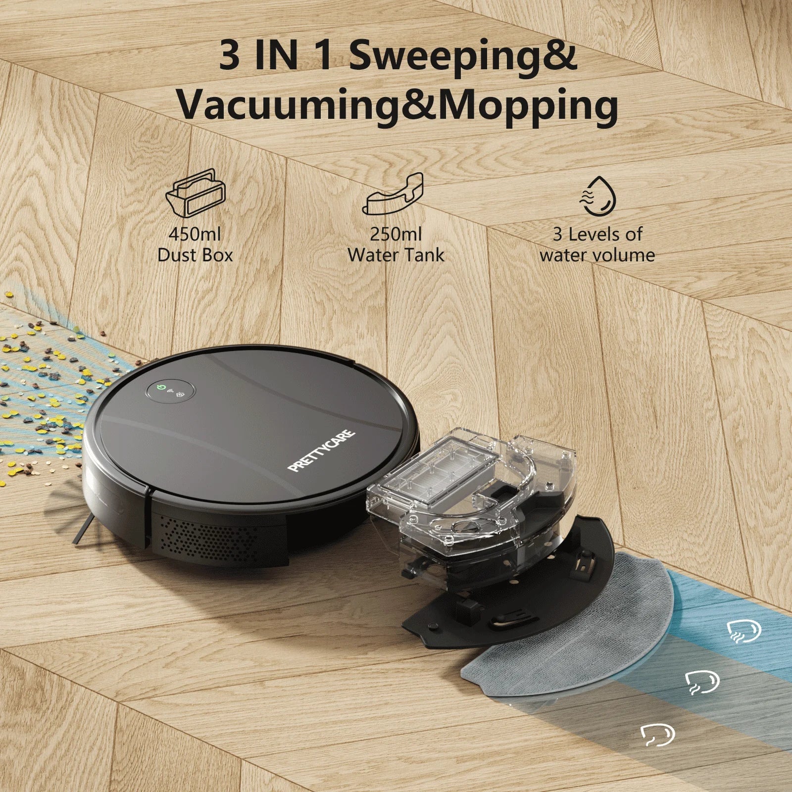 PrettyCare C2 Roboter-Staubsauger und Wischmopp, 4000 Pa Saugkraft, Roboterstaubsauger mit automatischer Teppichverstärkung, Alexa/WLAN/App