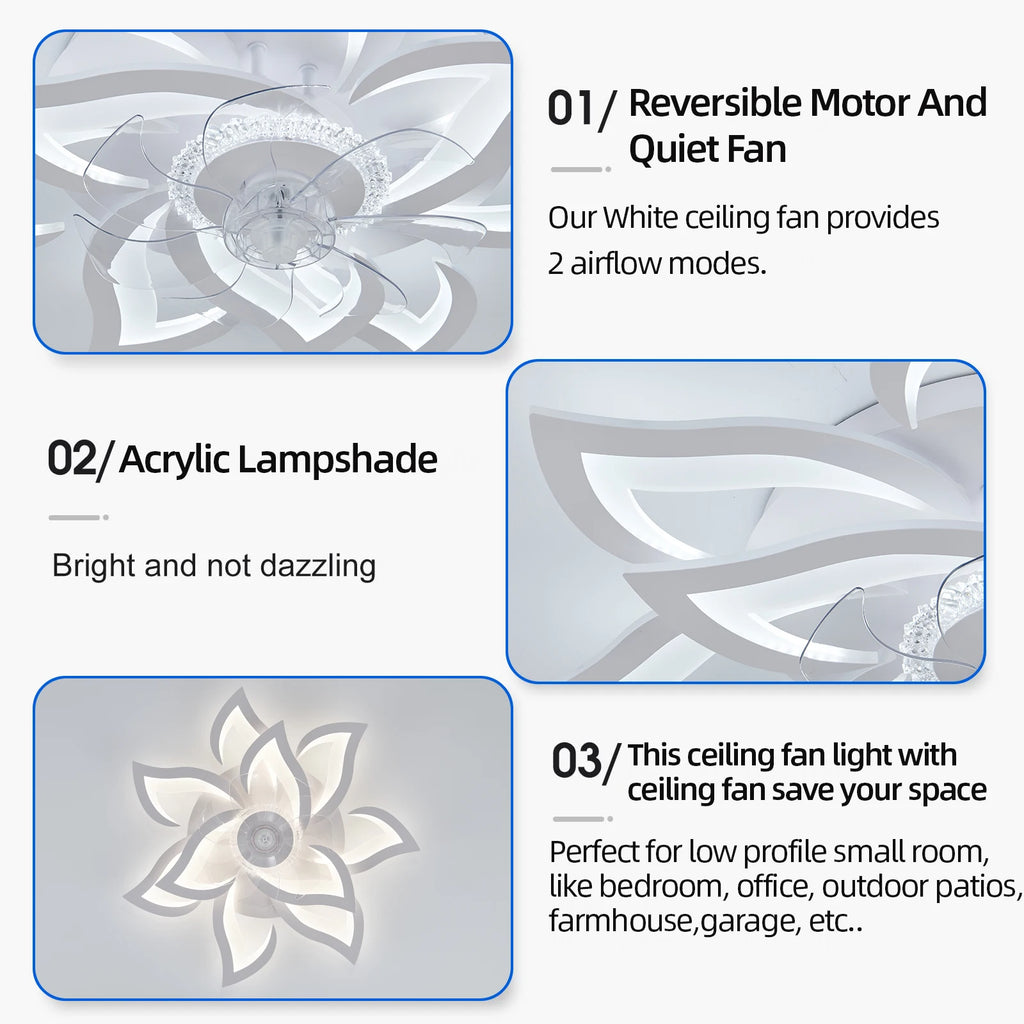 Ventilatore da soffitto con lampada LED, in acrilico a forma di loto, 6 velocità, silenzioso, a risparmio energetico, con luce integrata