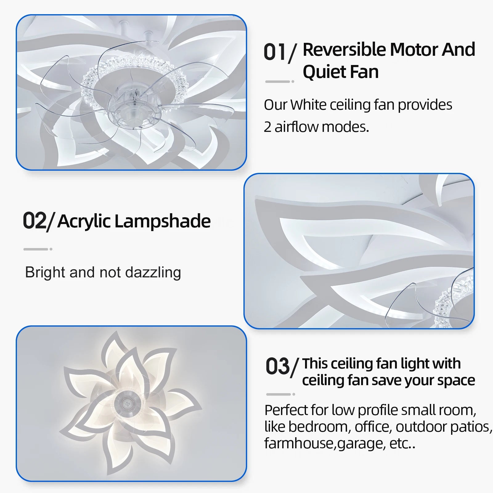 Ventilatore da soffitto con lampada LED, in acrilico a forma di loto, 6 velocità, silenzioso, a risparmio energetico, con luce integrata