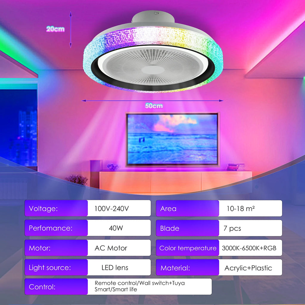 Ventilatore da soffitto intelligente da 40 W, 50 cm, con modalità musica e APP |   RGBCW Telecomando silenzioso per camera da letto, soggiorno, sala da pranzo, cucina
