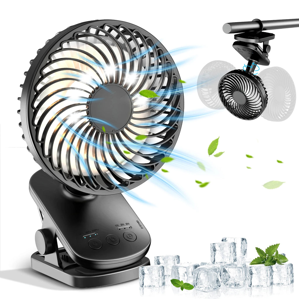 Mini Ventilatore Portatile a Clip, Ventilatore da Tavolo, 4 Velocità Silenziose con Rotazione a 360° °   Lampada da Campeggio con Oscillazione Automatica della Testa, Alimentazione ad Aria, Batteria da 4000mAh
